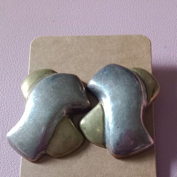 Earrings Vintage Sterling Silver Brass Two-Tone Clip-On Earrings Mid-Century - Picture 1 of 7